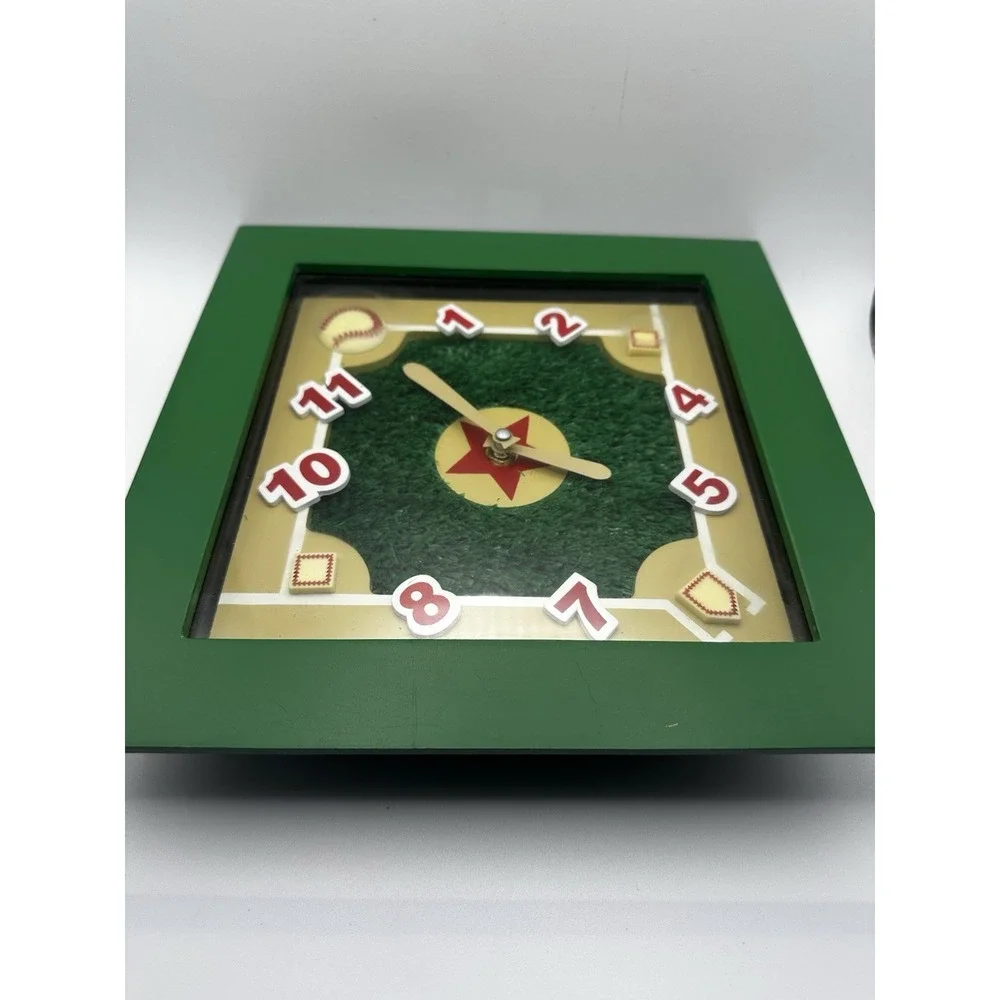 Baseball Diamond Wall Clock Green Turf Field Baseball Bat Hands Battery